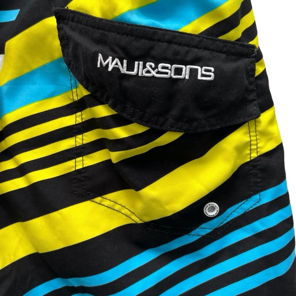 MAUI AND SONS BLUE, YELLOW, WHITE AND BLACK STRIPED BOARD SHORTS